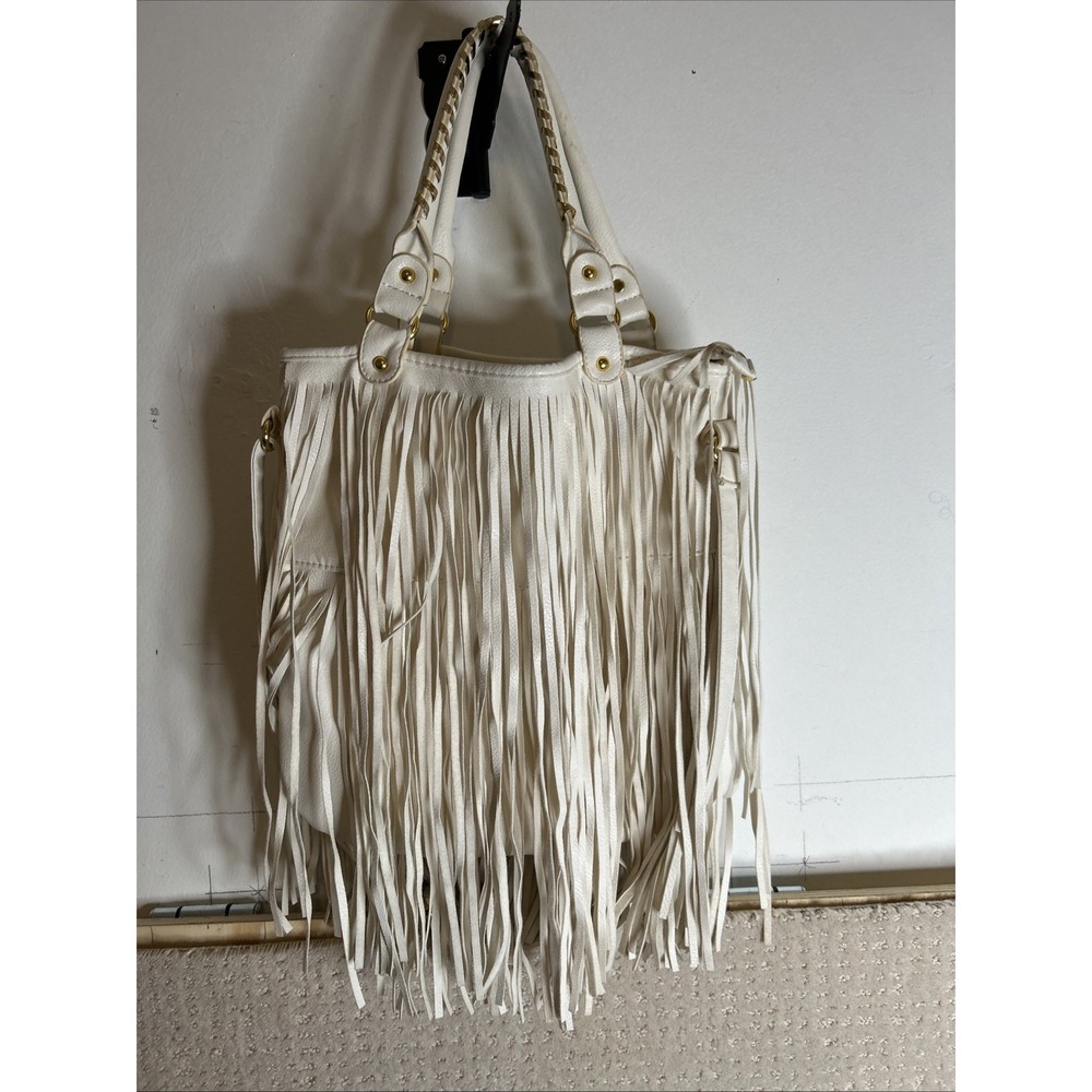 Big Fringe Handbag With Crossbody Strap Y2K Ivory White With Gold Accents - Picture 4 of 8